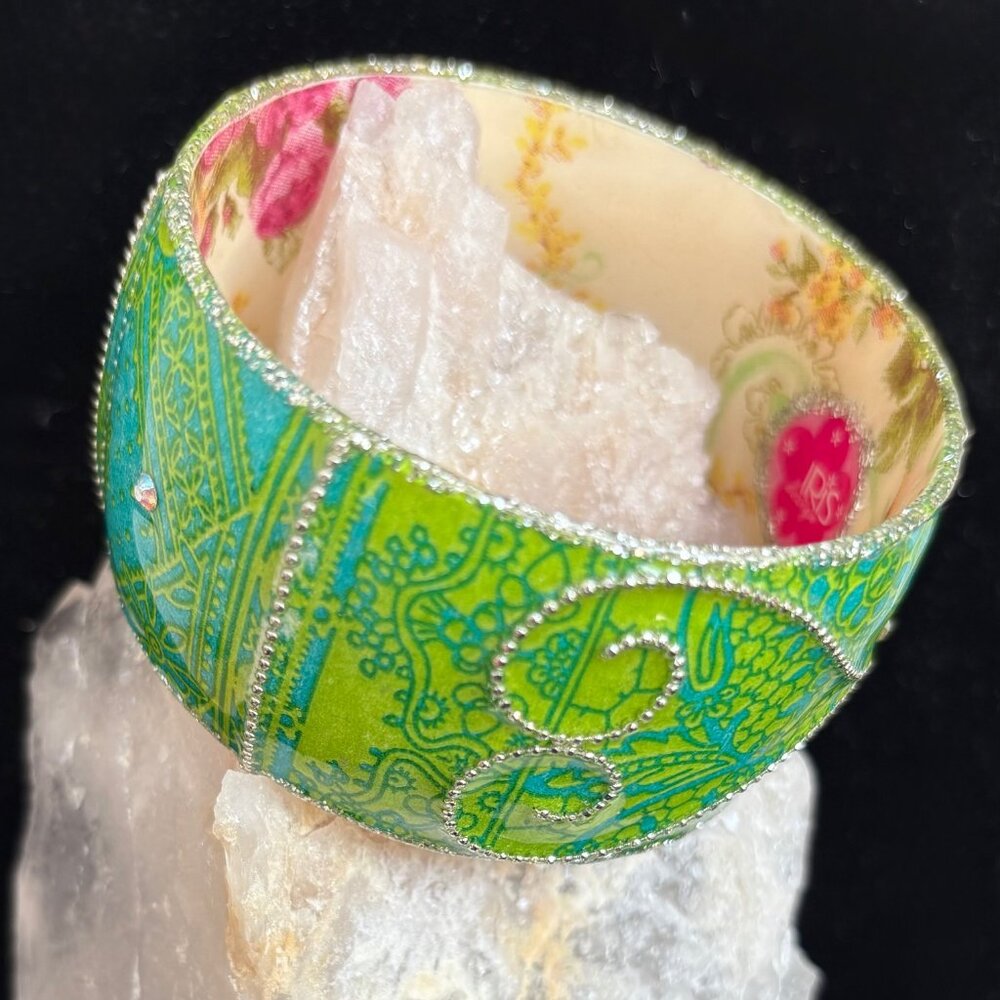 Iris Design Handcrafted Bangle in Spring Greens & Roses - Picture 2 of 3